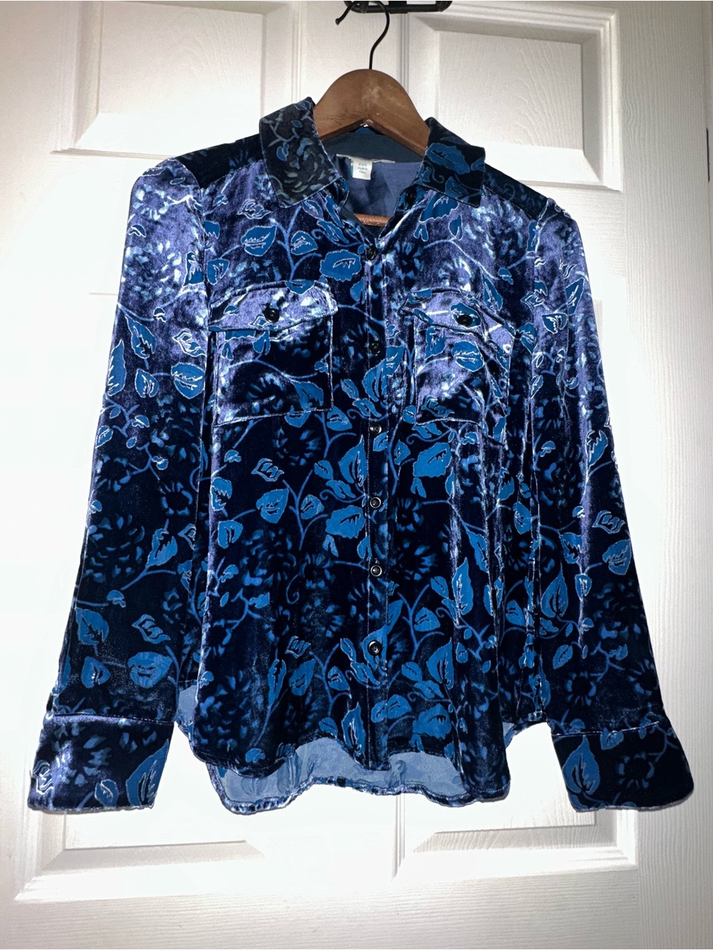Sundance Juliana Soft Velvet Shirt Pocket Tapestry  Blueberry Size Petite XS